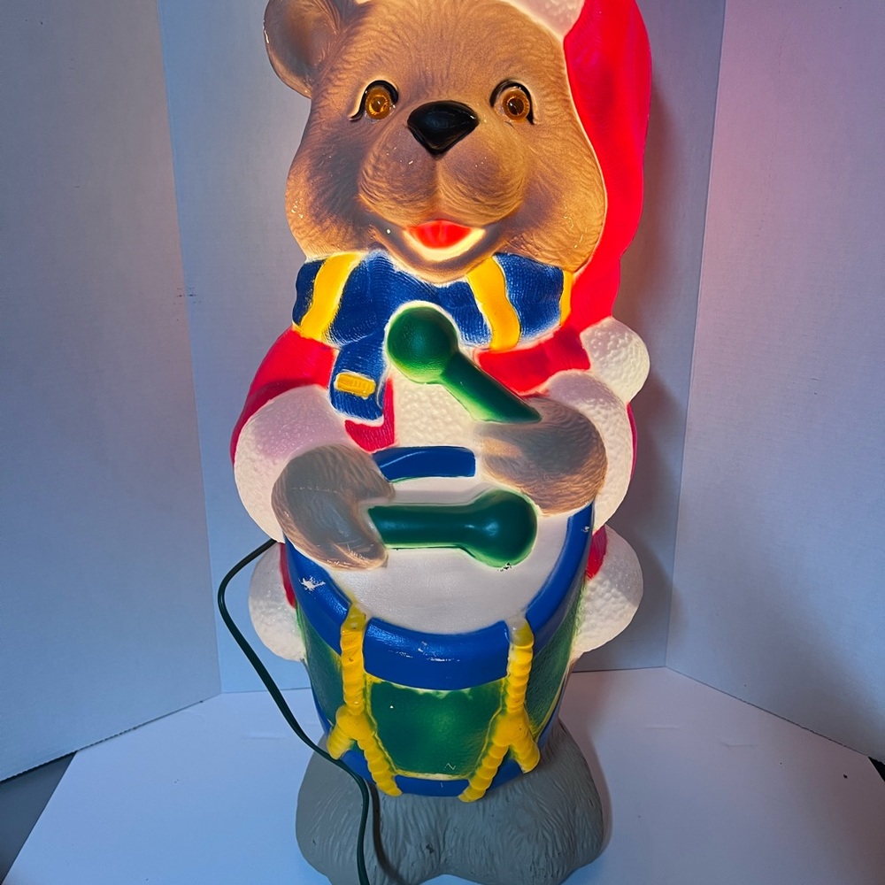 Drummer Bear w/ Santa Hat, Glass Eyes Lighted Christmas Blow Mold 30" TPI 1996